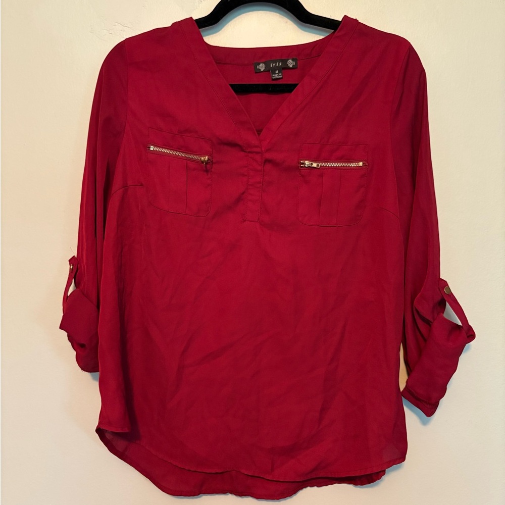 Iris Women’s Red 3/4 Sleeved V-Neck Blouse with Gold Hardware